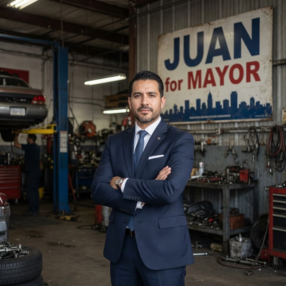 Juan in a navy suit at his auto shop with Juan for Mayor signage